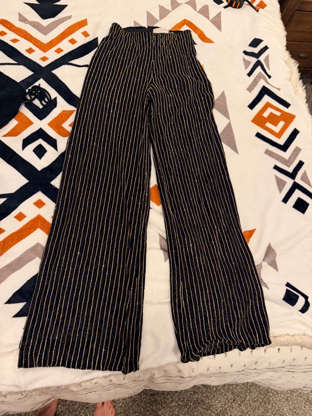 Alice + Olivia Black Velvet Pants with Gold Rhinestone Stripes